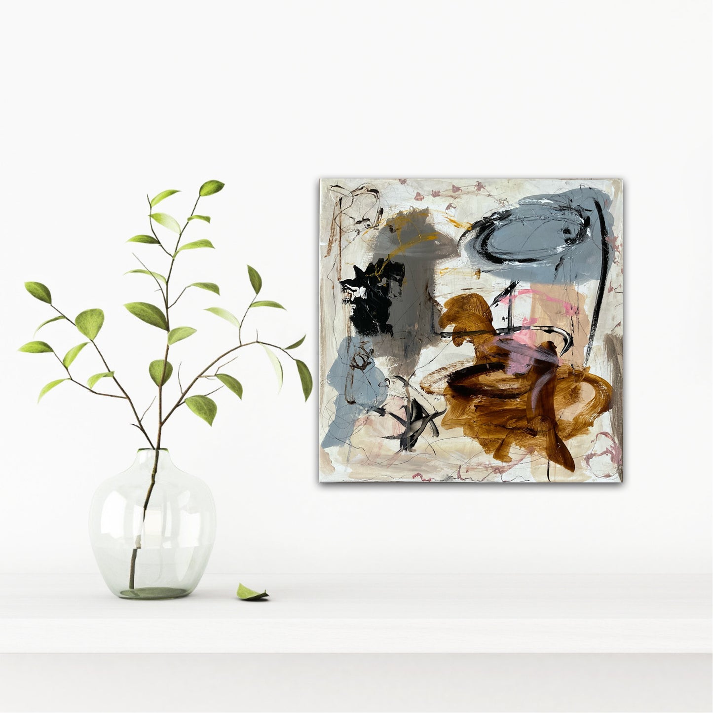 Abstrakt maleri, 40x40 cm, "A love story" by Lone Reedtz , Abstrakt ekspressivt akrylmaleri på lærred Black Brown Golden Grey Ochre Pink Square White