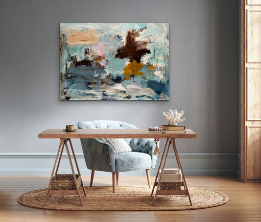 Abstrakt maleri, 100x140 cm, "Aurora" by Lone Reedtz , Abstrakt ekspressivt akrylmaleri på lærred Black Blue Brown Grey Ochre Orange Pink White
