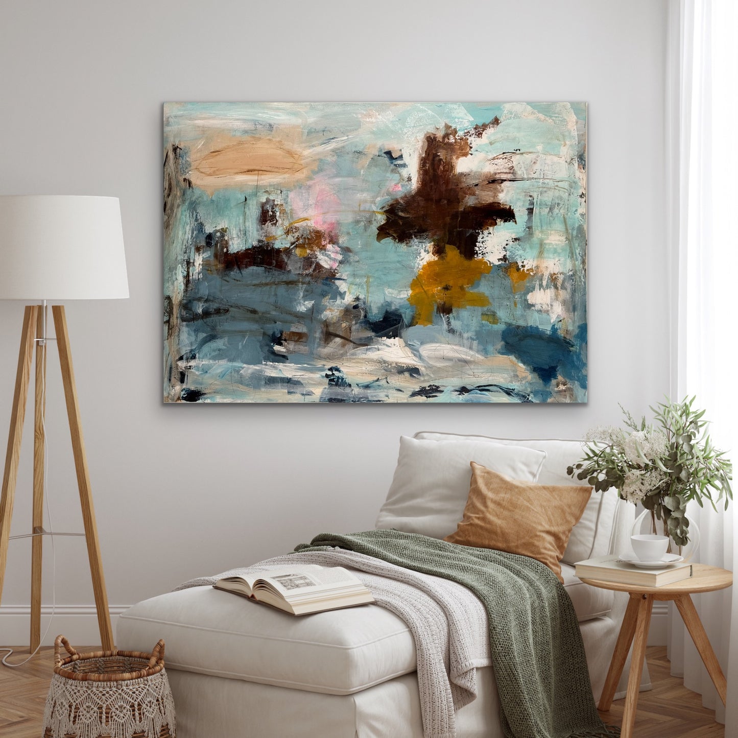 Abstrakt maleri, 100x140 cm, "Aurora" by Lone Reedtz , Abstrakt ekspressivt akrylmaleri på lærred Black Blue Brown Grey Ochre Orange Pink White