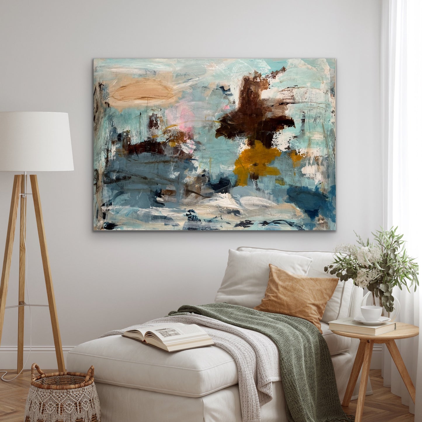 Abstrakt maleri, 140x100 cm, "Aurora" by Lone Reedtz , Abstrakt ekspressivt akrylmaleri på lærred Black Blue Brown Grey Ochre Orange Pink White