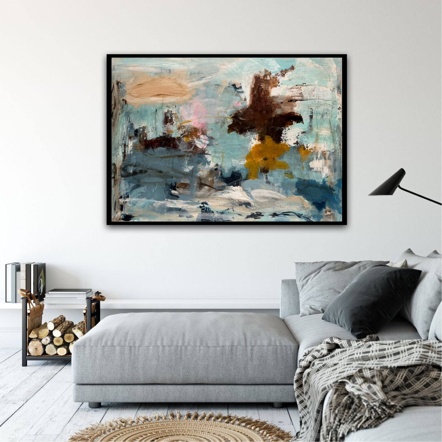 Abstrakt maleri, 100x140 cm, "Aurora" by Lone Reedtz , Abstrakt ekspressivt akrylmaleri på lærred Med sort svæveramme Black Blue Brown Grey Ochre Orange Pink White