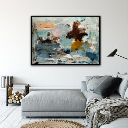 Abstrakt maleri, 100x140 cm, "Aurora" by Lone Reedtz , Abstrakt ekspressivt akrylmaleri på lærred Med sort svæveramme Black Blue Brown Grey Ochre Orange Pink White
