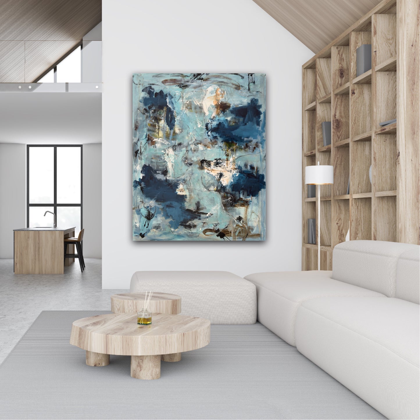 Abstrakt maleri, 120x150 eller 150x120 cm, "Nr. 39” by Lone Reedtz , Abstrakt ekspressivt akrylmaleri på lærred Black Blue Brown Grey Ochre White
