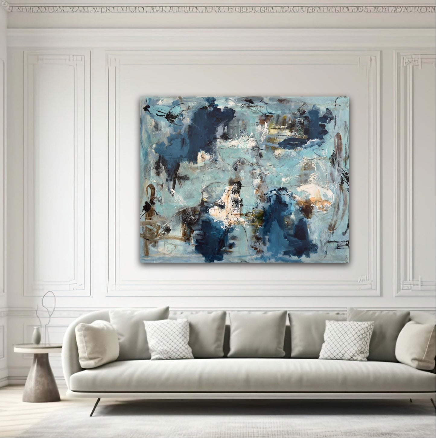 Abstrakt maleri, 120x150 eller 150x120 cm, "Nr. 39” by Lone Reedtz , Abstrakt ekspressivt akrylmaleri på lærred Black Blue Brown Grey Ochre White