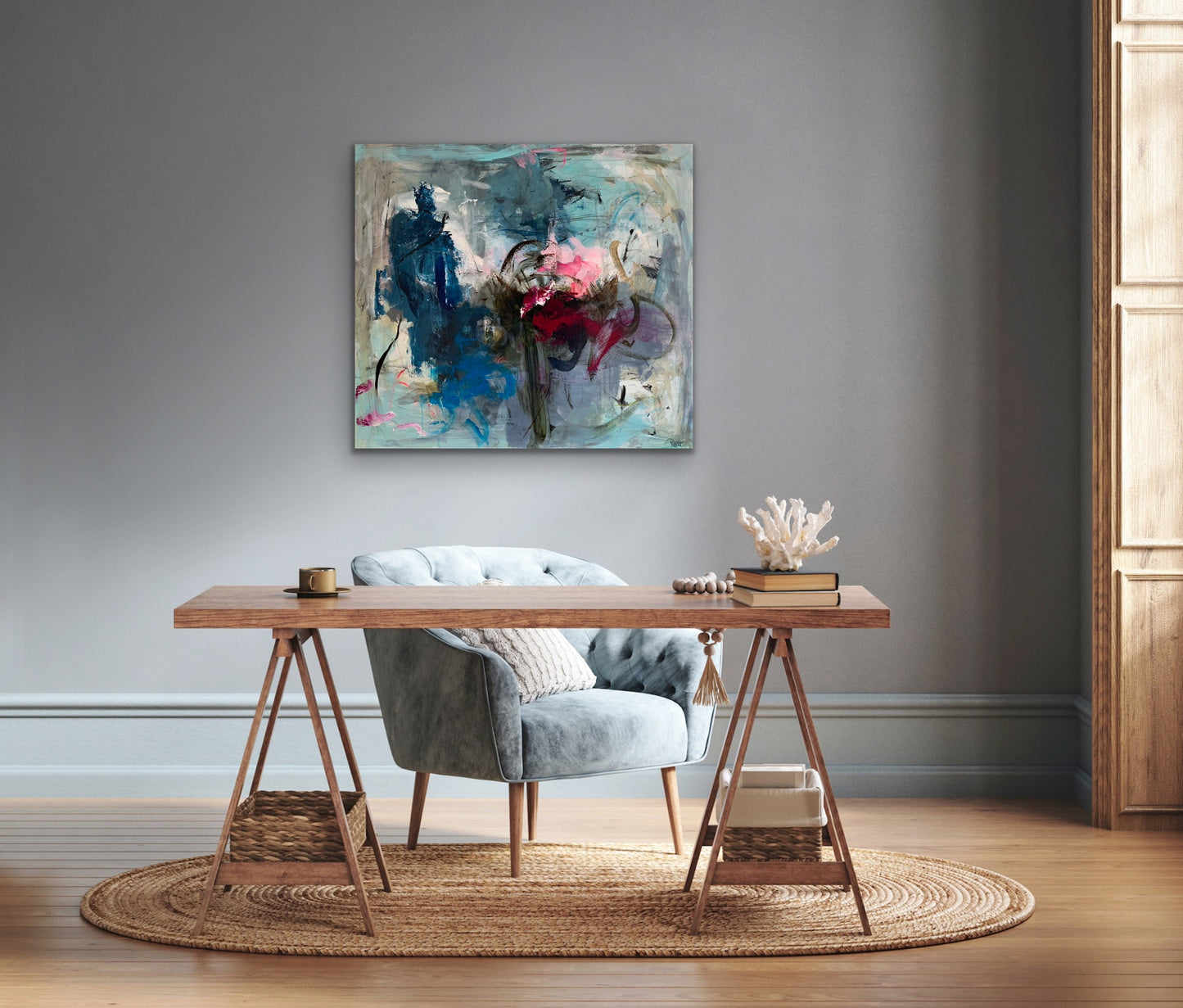 Abstrakt maleri,100x90 cm, "Finding back" by Lone Reedtz , Abstrakt ekspressivt akrylmaleri på lærred