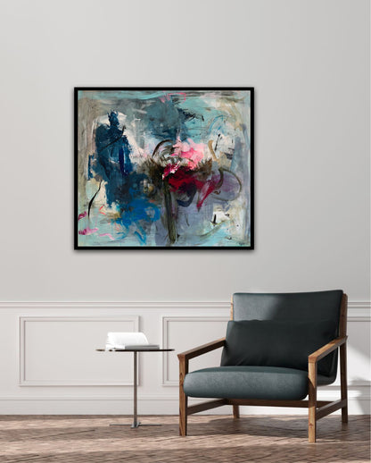 Abstrakt maleri, 90x100 cm, "Finding back" by Lone Reedtz , Abstrakt ekspressivt akrylmaleri på lærred Med sort svæveramme