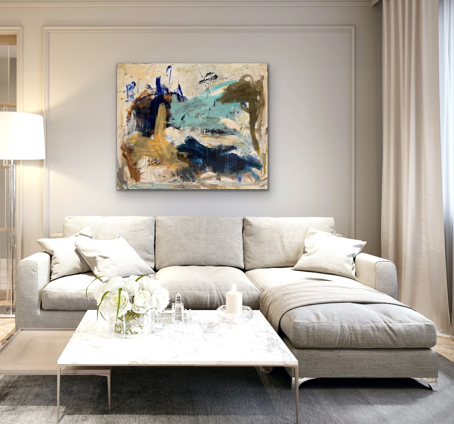 Abstrakt maleri, 100x120 cm, ”GUIDED BY A BEATING HEART” by Lone Reedtz , Abstrakt ekspressivt akrylmaleri på lærred horsens-kunstforening