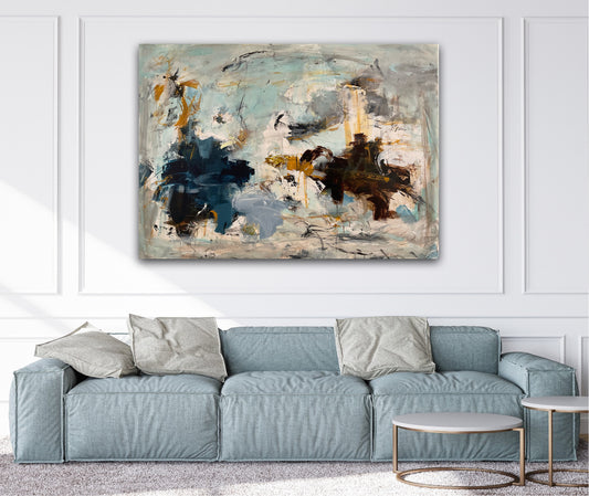 Abstrakt maleri, 100x140 cm, "Fly bird" by Lone Reedtz , Abstrakt ekspressivt akrylmaleri på lærred Black Blue Brown Grey Ochre Orange Pink White