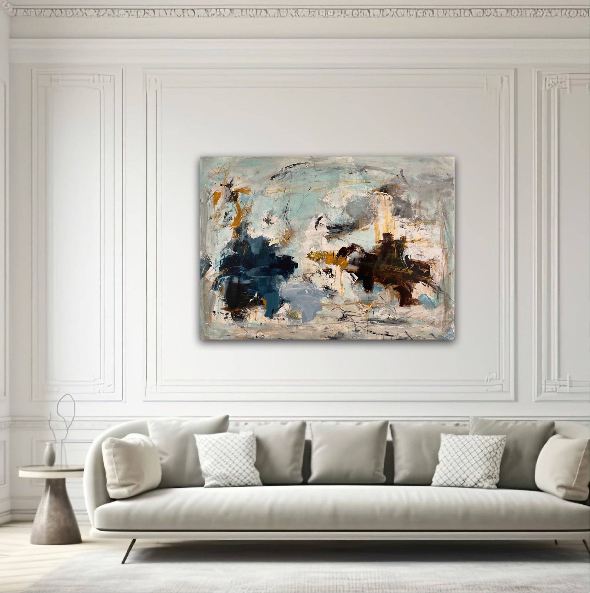 Abstrakt maleri, 100x140 cm, "Fly bird" by Lone Reedtz , Abstrakt ekspressivt akrylmaleri på lærred Black Blue Brown Grey Ochre Orange Pink White