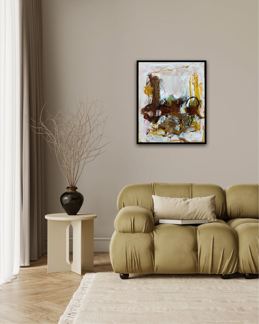 Abstrakt maleri, 60x50 cm, “Family” by Lone Reedtz , Abstrakt ekspressivt akrylmaleri på lærred Med sort svæveramme Black Brown Grey Ochre Pink White Yellow