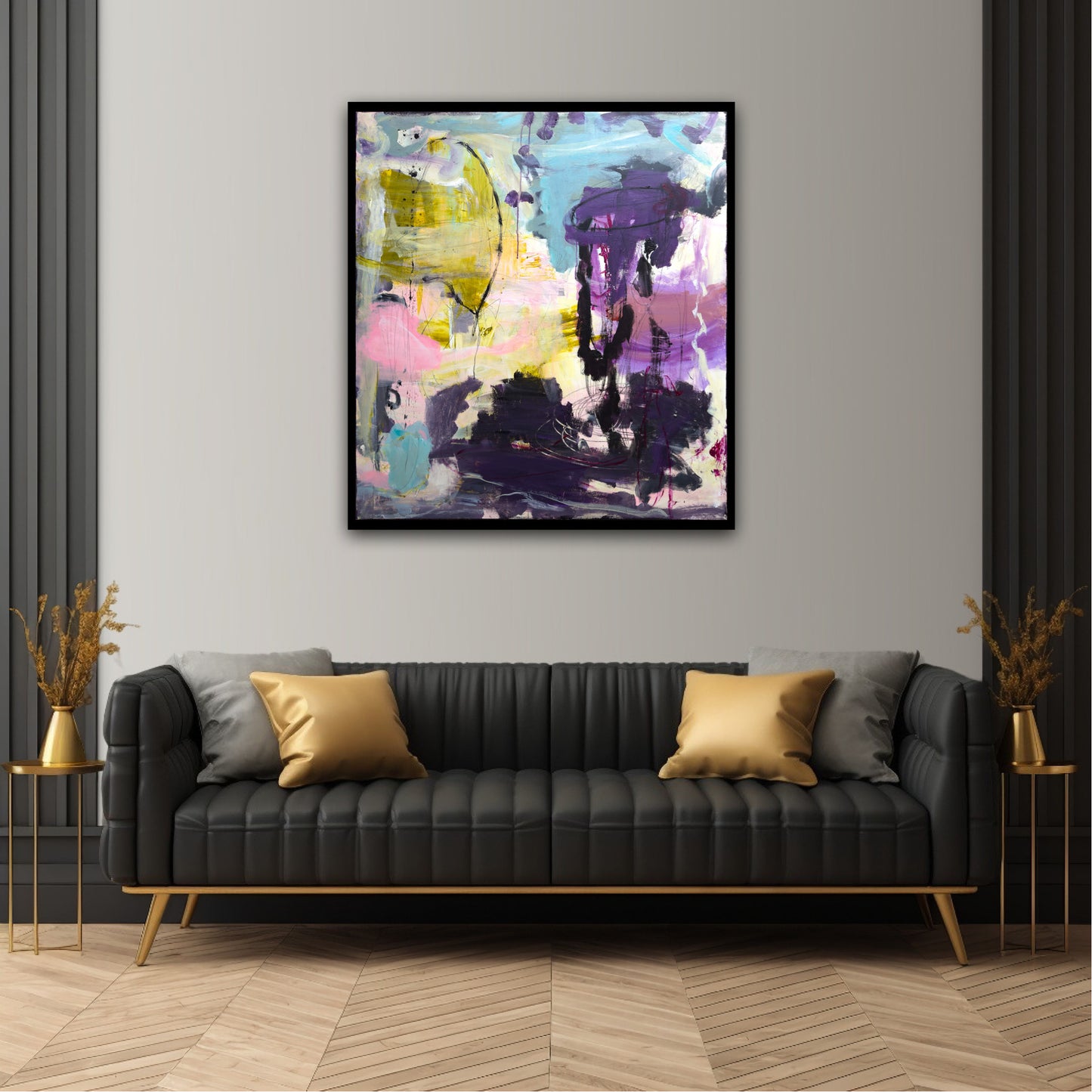Abstrakt maleri, 100x90 cm, ”LIVE HAPPY” by Lone Reedtz , Abstrakt ekspressivt akrylmaleri på lærred