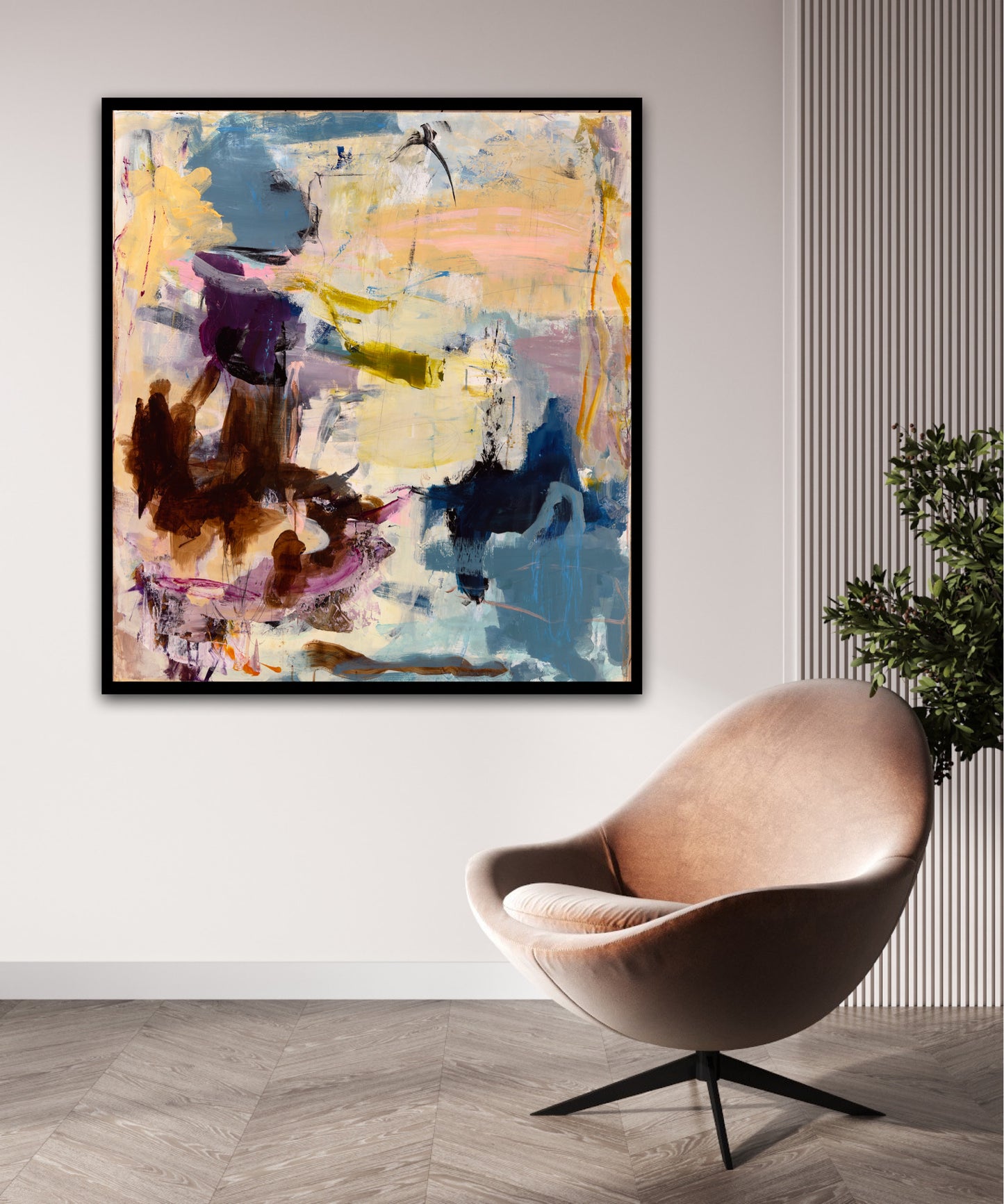 Abstrakt maleri, 100x90 cm, ”MÅNESKÆR” by Lone Reedtz , Abstrakt ekspressivt akrylmaleri på lærred