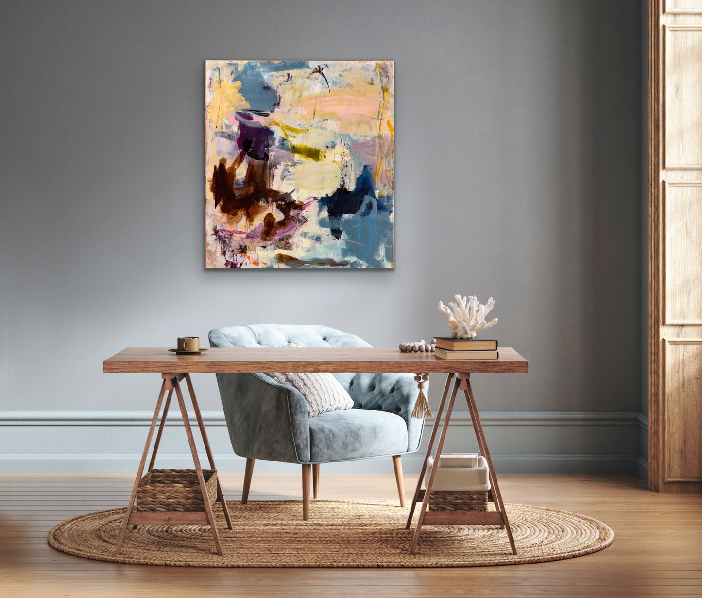 Abstrakt maleri, 100x90 cm, ”MÅNESKÆR” by Lone Reedtz , Abstrakt ekspressivt akrylmaleri på lærred