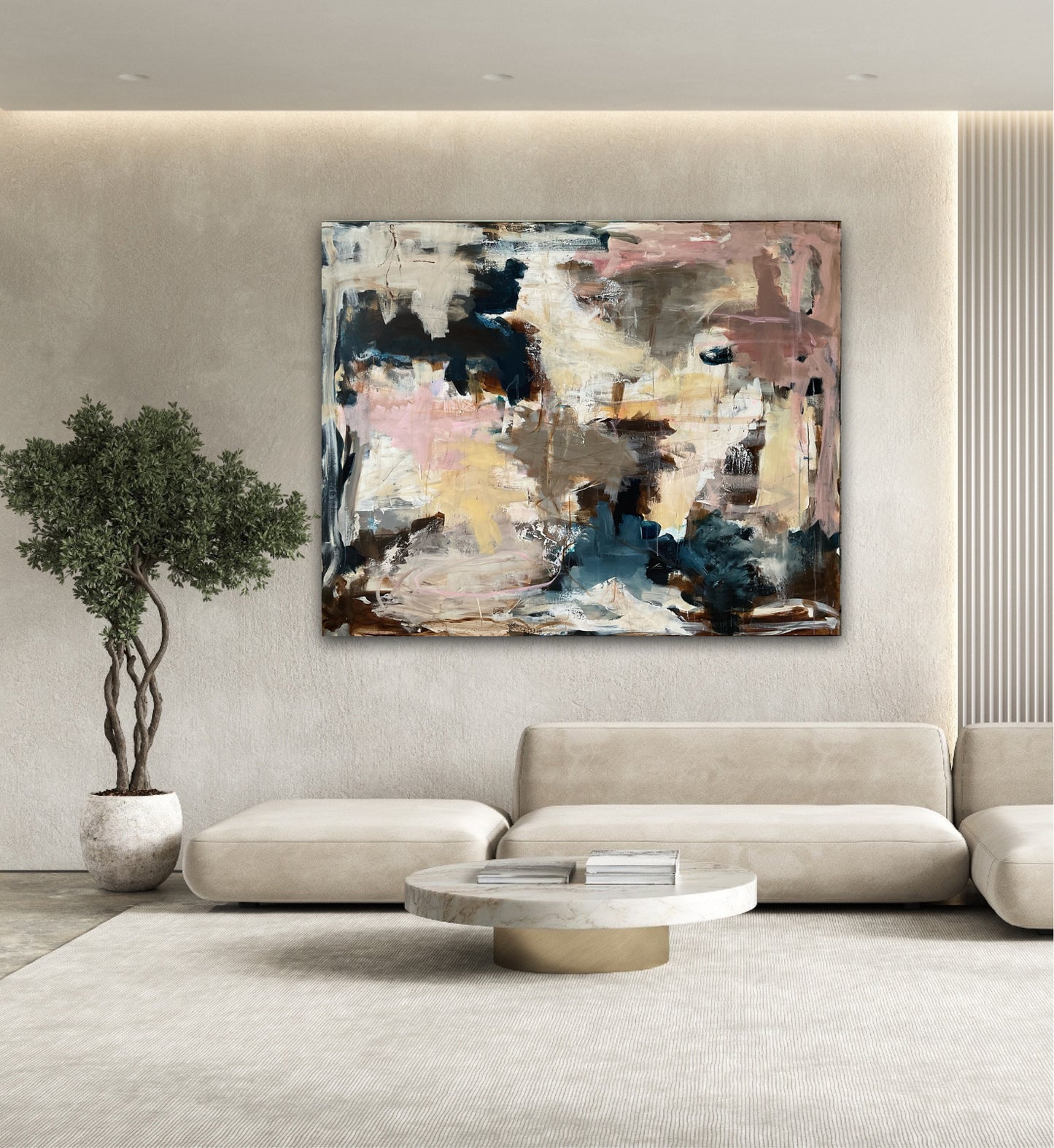 Abstrakt maleri, 120x150 cm, "REAL LOVE” by Lone Reedtz , Abstrakt ekspressivt akrylmaleri på lærred Black Blue Brown Grey Ochre Pink