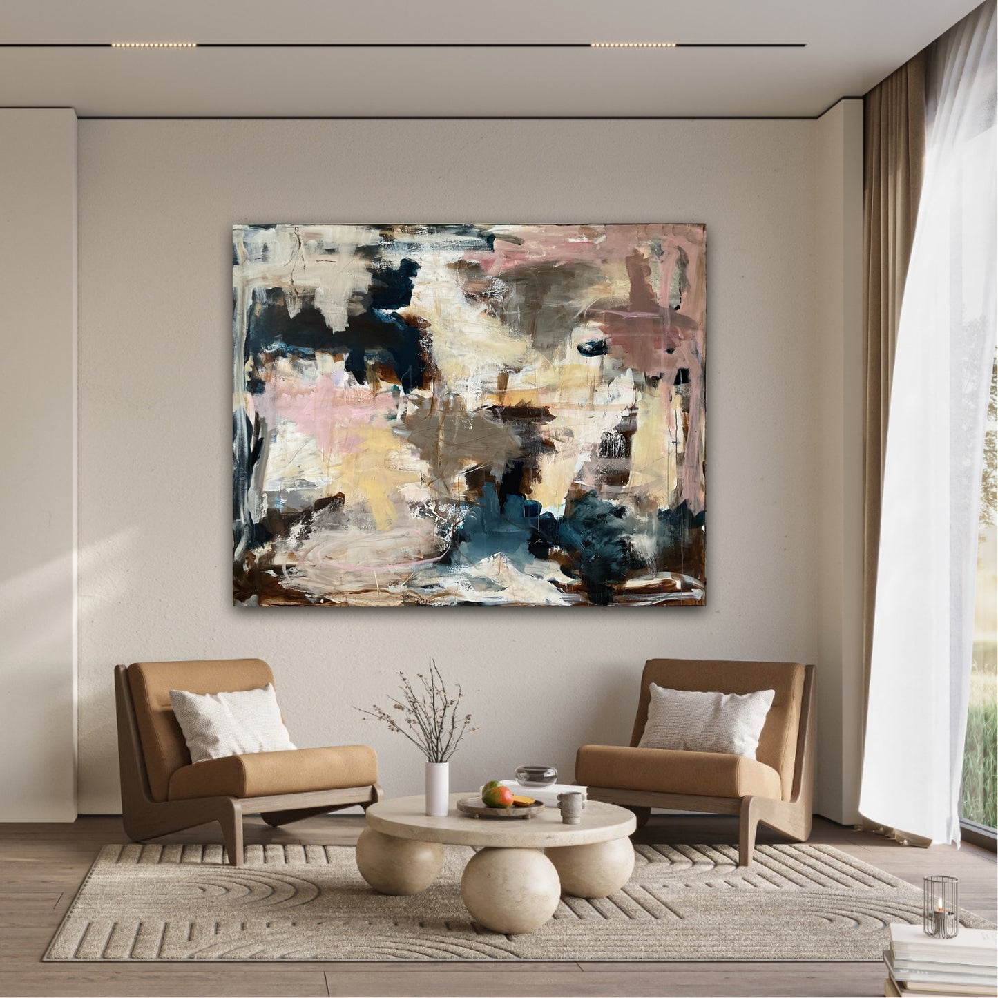 Abstrakt maleri, 120x150 cm, "REAL LOVE” by Lone Reedtz , Abstrakt ekspressivt akrylmaleri på lærred Black Blue Brown Grey Ochre Pink