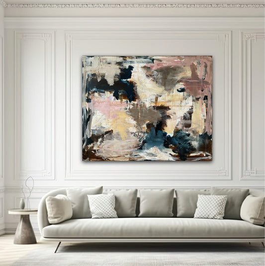 Abstrakt maleri, 120x150 cm, "REAL LOVE” by Lone Reedtz , Abstrakt ekspressivt akrylmaleri på lærred Black Blue Brown Grey Ochre Pink