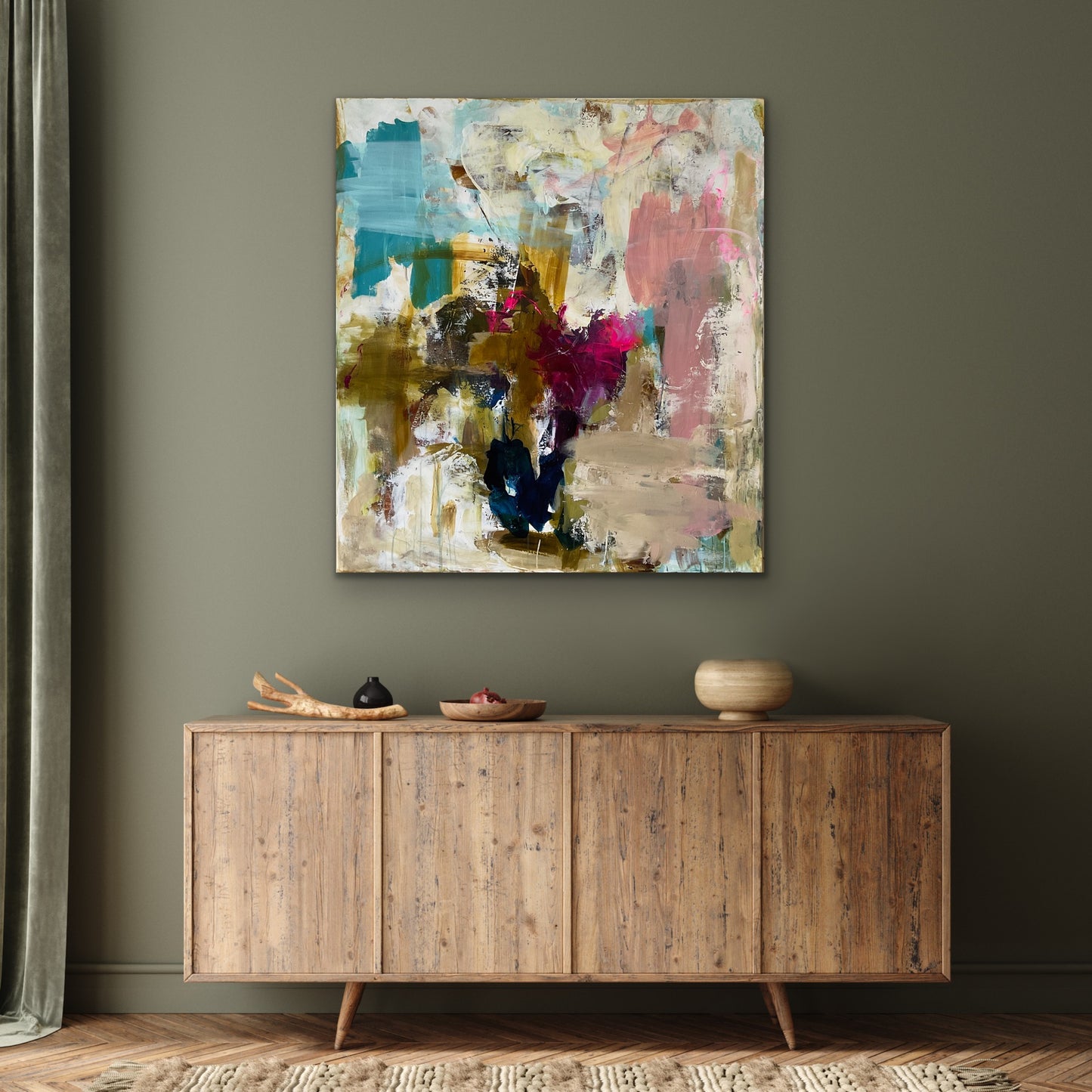 Abstrakt maleri, 100x90 cm, ”DIVE INTO COLORS” by Lone Reedtz , Abstrakt ekspressivt akrylmaleri på lærred