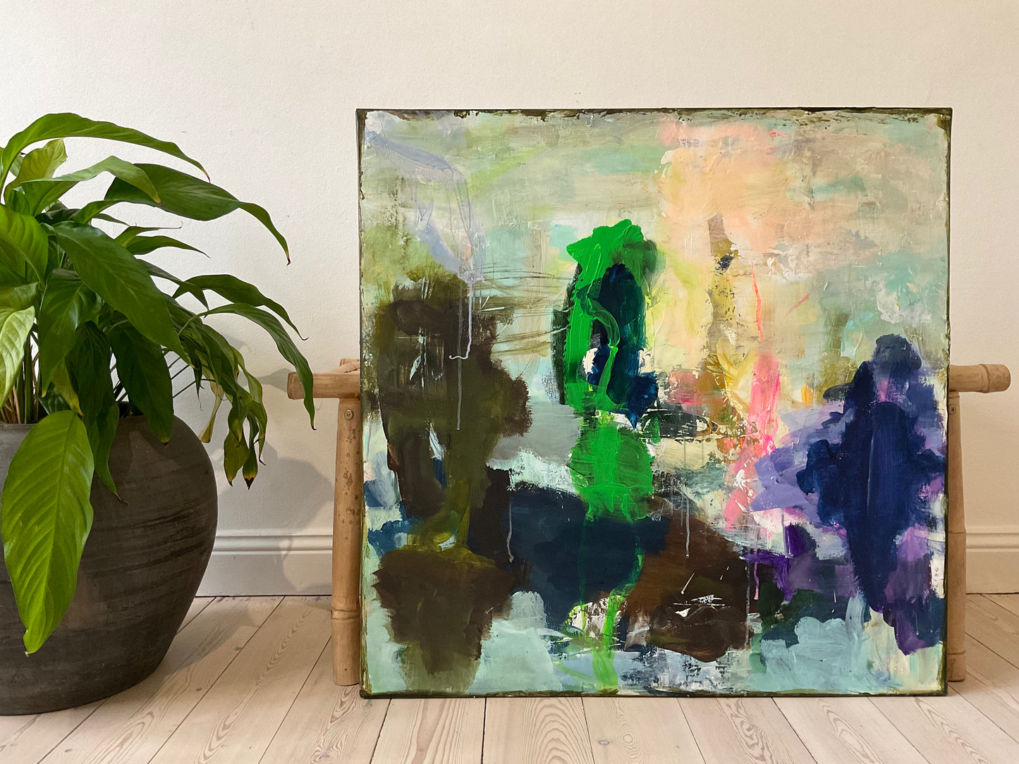 Abstrakt maleri, 80x80 cm, ”HIDDEN TREASURES” by Lone Reedtz , Abstrakt ekspressivt akrylmaleri på lærred