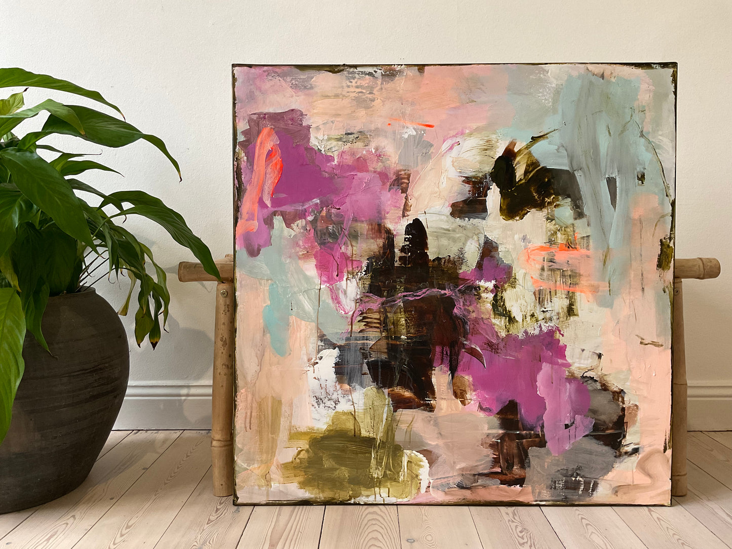 Abstrakt maleri, 80x80 cm, ”THE FLOW OF TIME” by Lone Reedtz , Abstrakt ekspressivt akrylmaleri på lærred