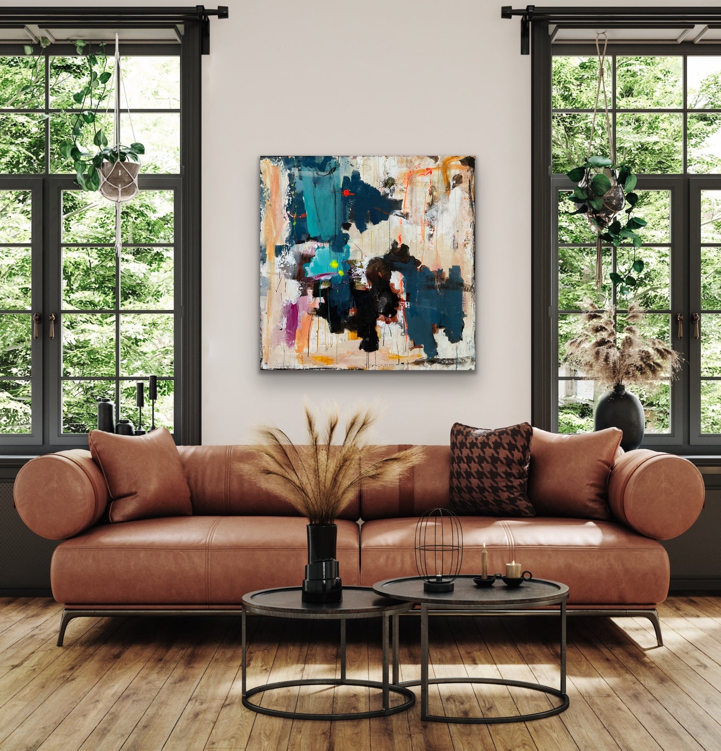 Abstrakt maleri, 100x100 cm, “DIRECTIONS” by Lone Reedtz , Abstrakt ekspressivt akrylmaleri på lærred Blue Brown Green Grey Kunstsamlingen-katalog-2025 Orange Pink White Yellow