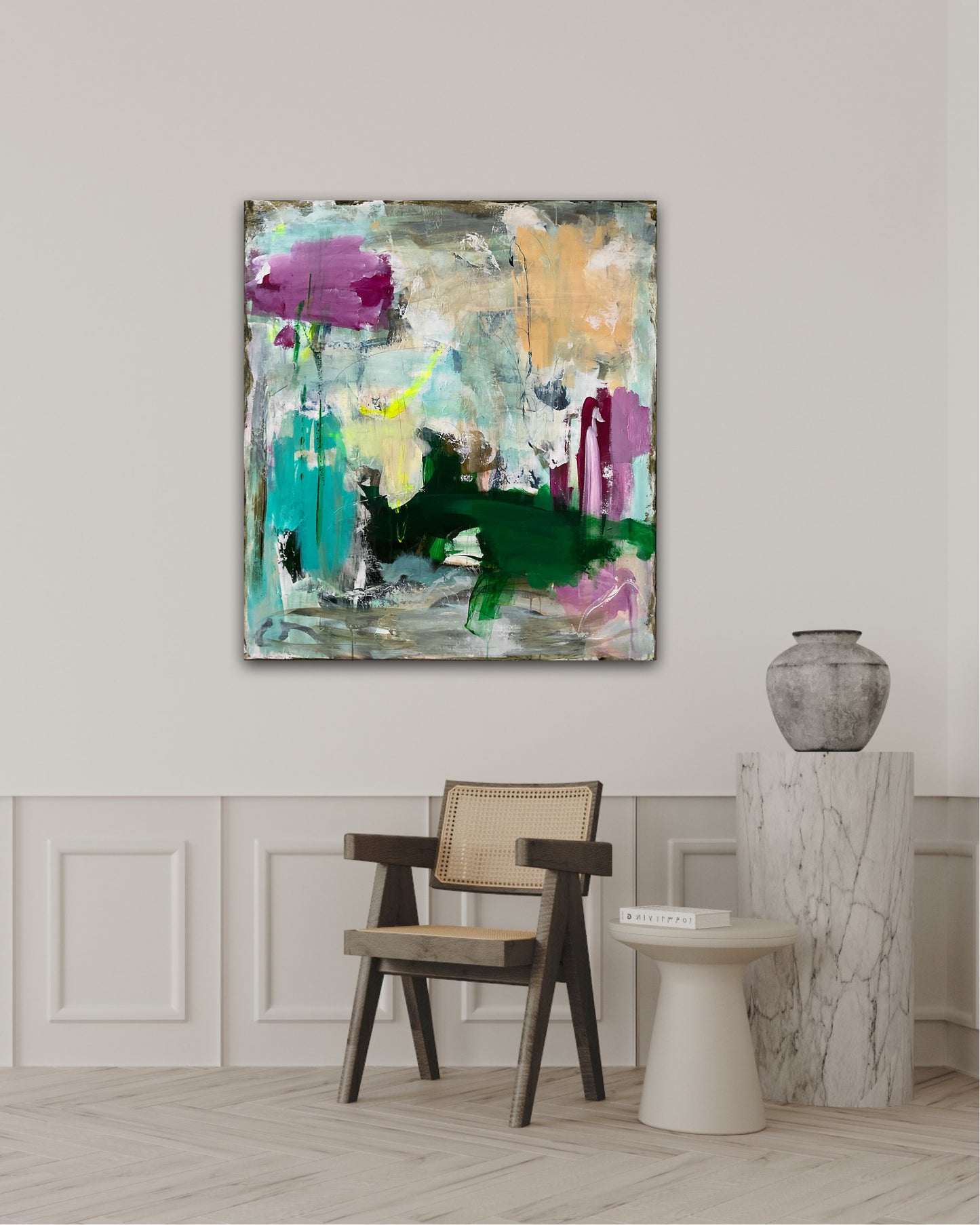 Abstrakt maleri, 100x90 cm, ”THE ENTRANCE” by Lone Reedtz , Abstrakt ekspressivt akrylmaleri på lærred