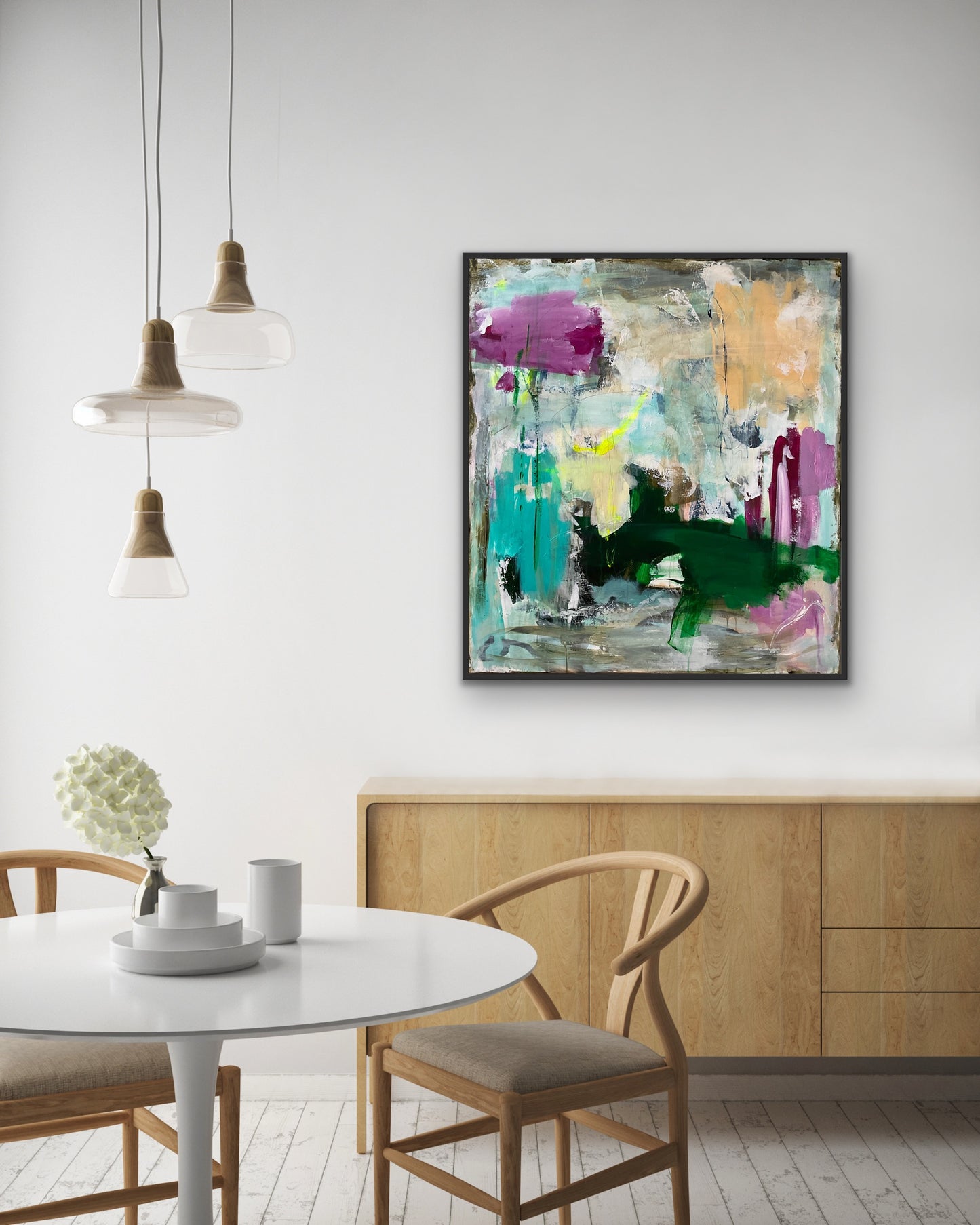 Abstrakt maleri, 100x90 cm, ”THE ENTRANCE” by Lone Reedtz , Abstrakt ekspressivt akrylmaleri på lærred Med sort svæveramme