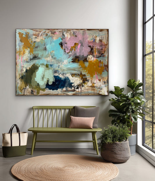 Abstrakt maleri, 100x140 cm, "ANOTHER DAY” by Lone Reedtz , Abstrakt ekspressivt akrylmaleri på lærred Uden ramme horsens-kunstforening