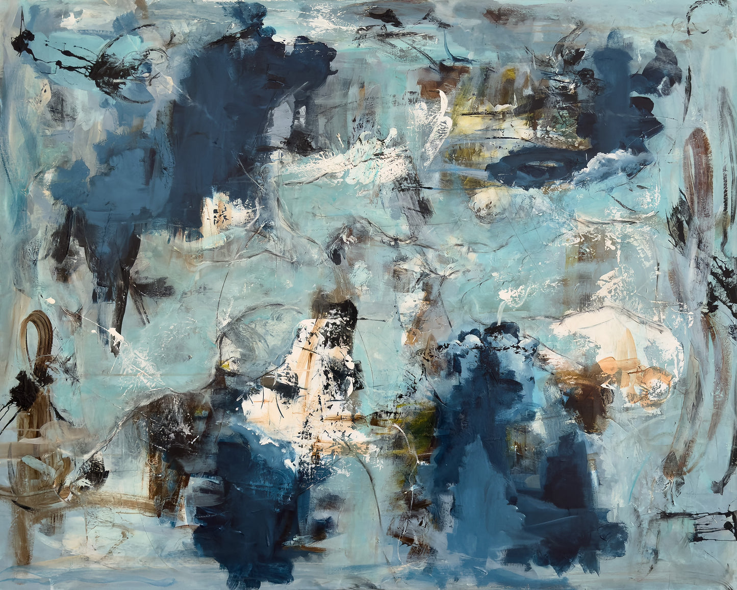Abstrakt maleri, 120x150 eller 150x120 cm, "Nr. 39” by Lone Reedtz , Abstrakt ekspressivt akrylmaleri på lærred Vandret 150x120 cm Black Blue Brown Grey Ochre White