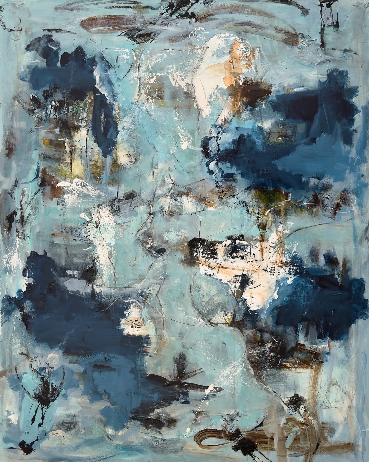 Abstrakt maleri, 120x150 eller 150x120 cm, "Nr. 39” by Lone Reedtz , Abstrakt ekspressivt akrylmaleri på lærred Lodret 120x150 cm Black Blue Brown Grey Ochre White
