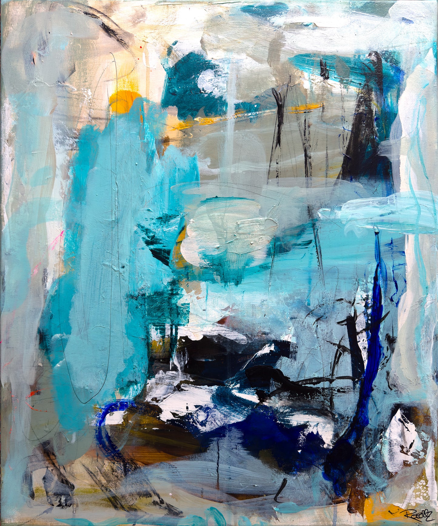 Abstrakt maleri, 60x50 cm, ”IN YOUR EYES” by Lone Reedtz , Abstrakt ekspressivt akrylmaleri på lærred Black Blue Brown Grey Ochre Orange White
