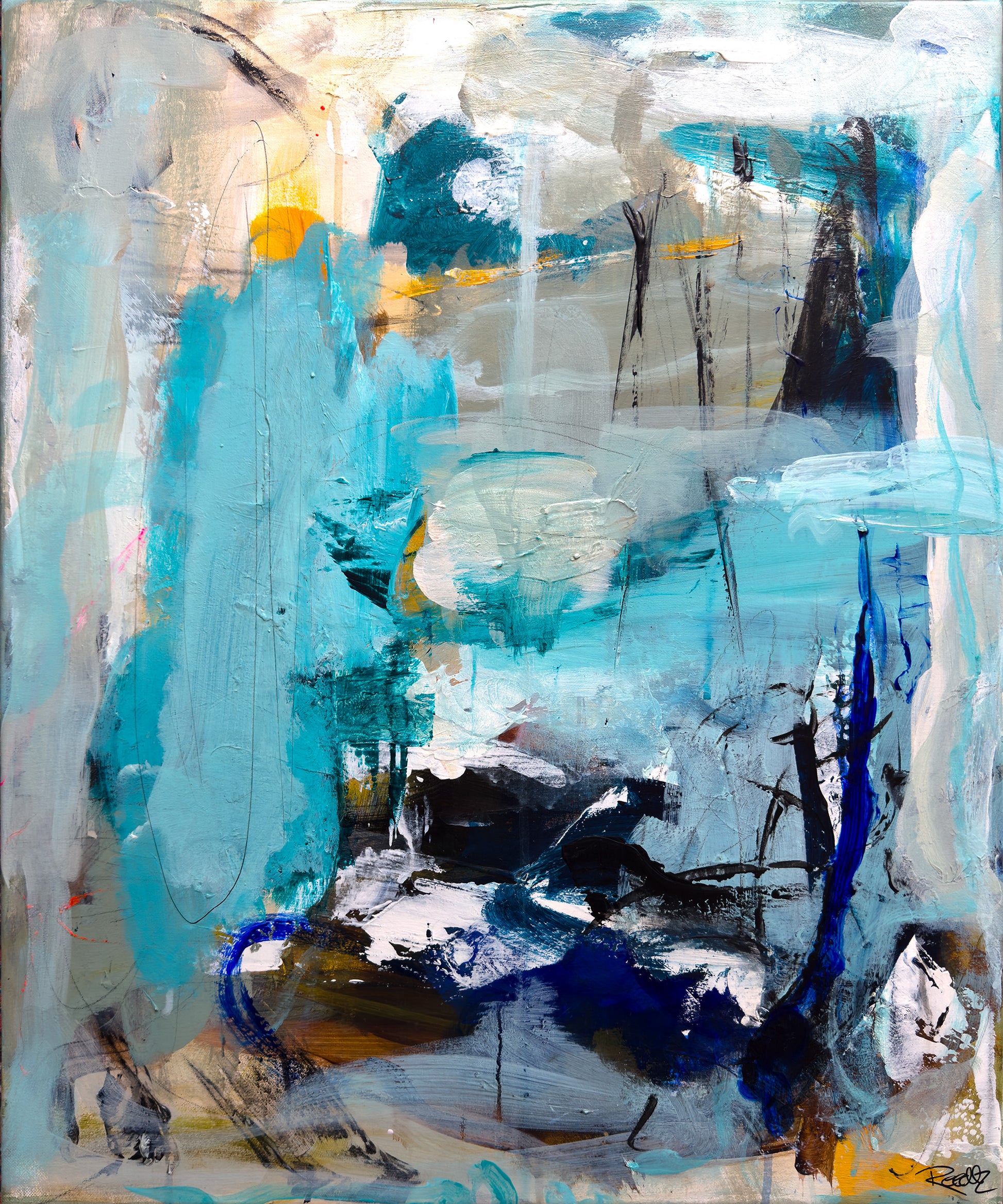 Abstrakt maleri, 60x50 cm, "In your eyes” by Lone Reedtz , Abstrakt ekspressivt akrylmaleri på lærred Black Blue Brown Grey Ochre Orange White