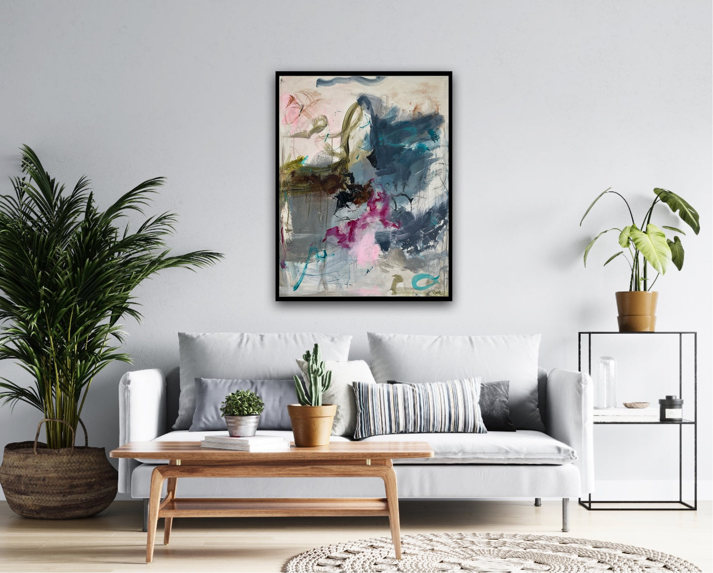 Abstrakt maleri, 90x70 cm, "BEAUTIFUL DAY” by Lone Reedtz , Abstrakt ekspressivt akrylmaleri på lærred Med sort svæveramme