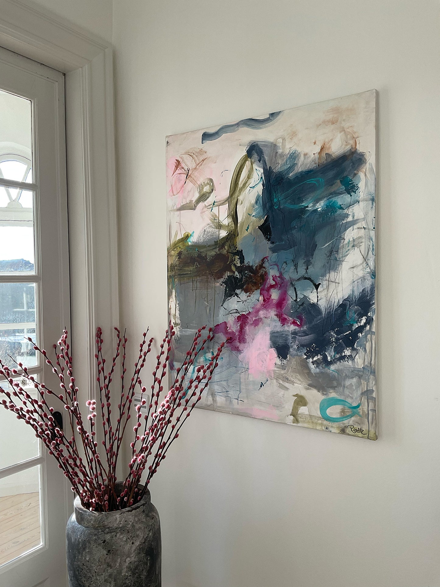 Abstrakt maleri, 90x70 cm, "BEAUTIFUL DAY” by Lone Reedtz , Abstrakt ekspressivt akrylmaleri på lærred Uden ramme