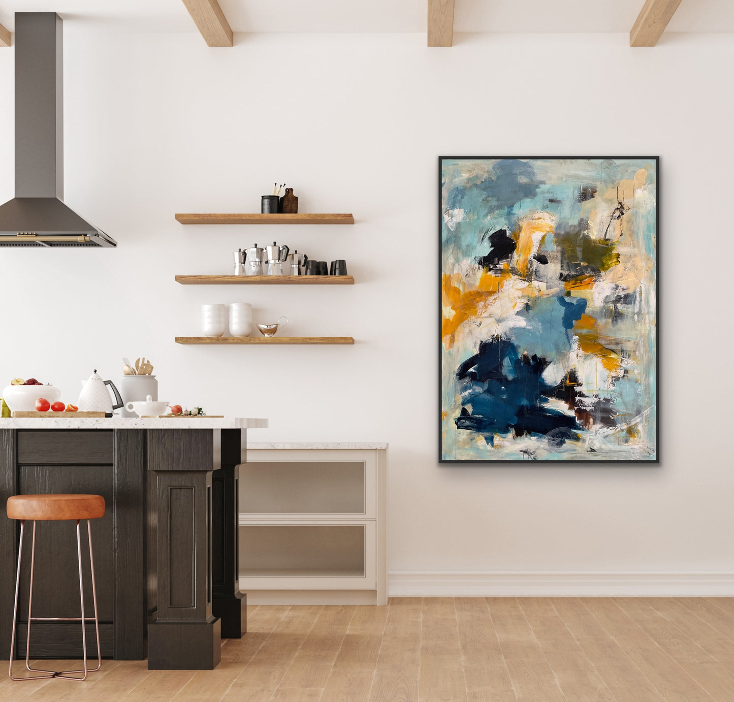 Abstrakt maleri, 140x100 cm, "KINDNESS” by Lone Reedtz , Abstrakt ekspressivt akrylmaleri på lærred Med sort svæveramme