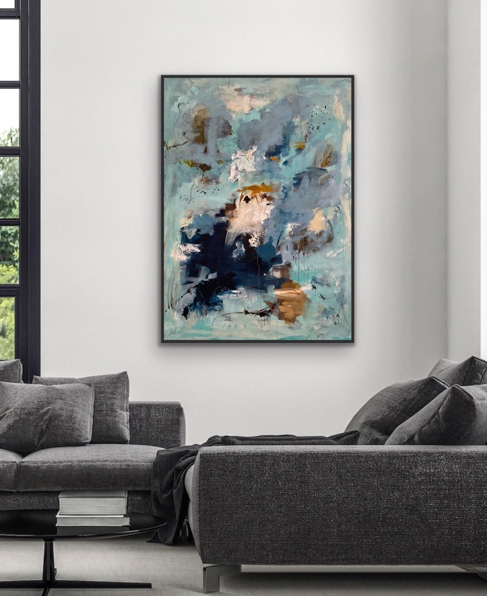 Abstrakt maleri, 140x100 cm, "LA BELLE” by Lone Reedtz , Abstrakt ekspressivt akrylmaleri på lærred Med sort svæveramme