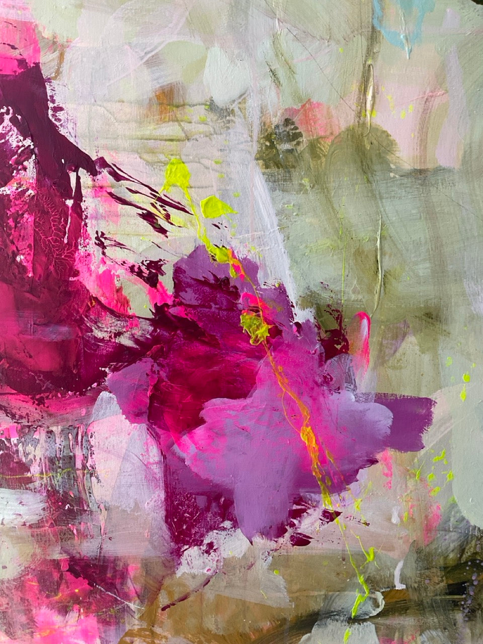Abstrakt maleri, 120x120 cm, "MAGICAL" by Lone Reedtz , Abstrakt ekspressivt akrylmaleri på lærred Black Green Grey Ochre Pink Purple White Yellow