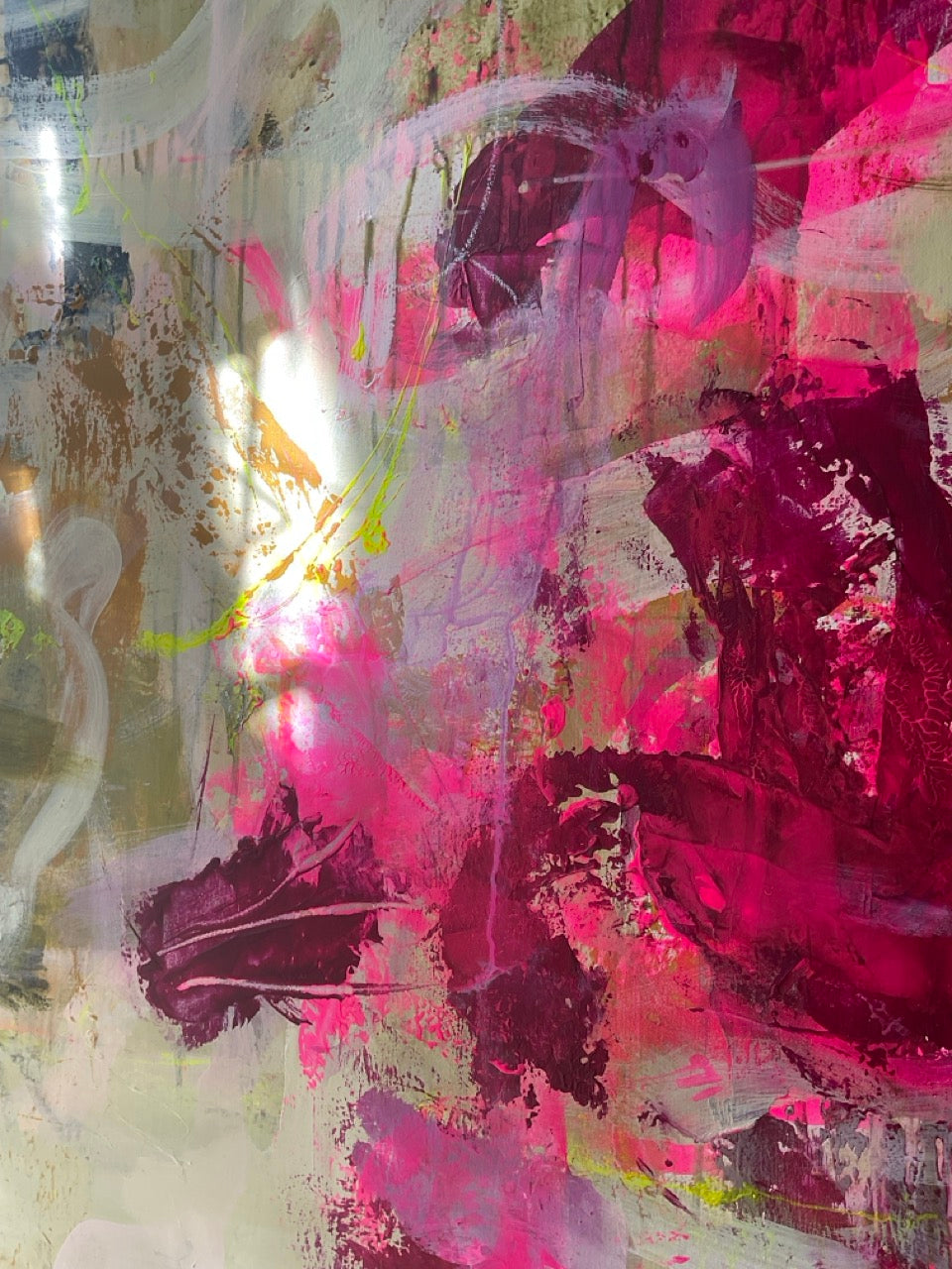 Abstrakt maleri, 120x120 cm, "MAGICAL" by Lone Reedtz , Abstrakt ekspressivt akrylmaleri på lærred Black Green Grey Ochre Pink Purple White Yellow