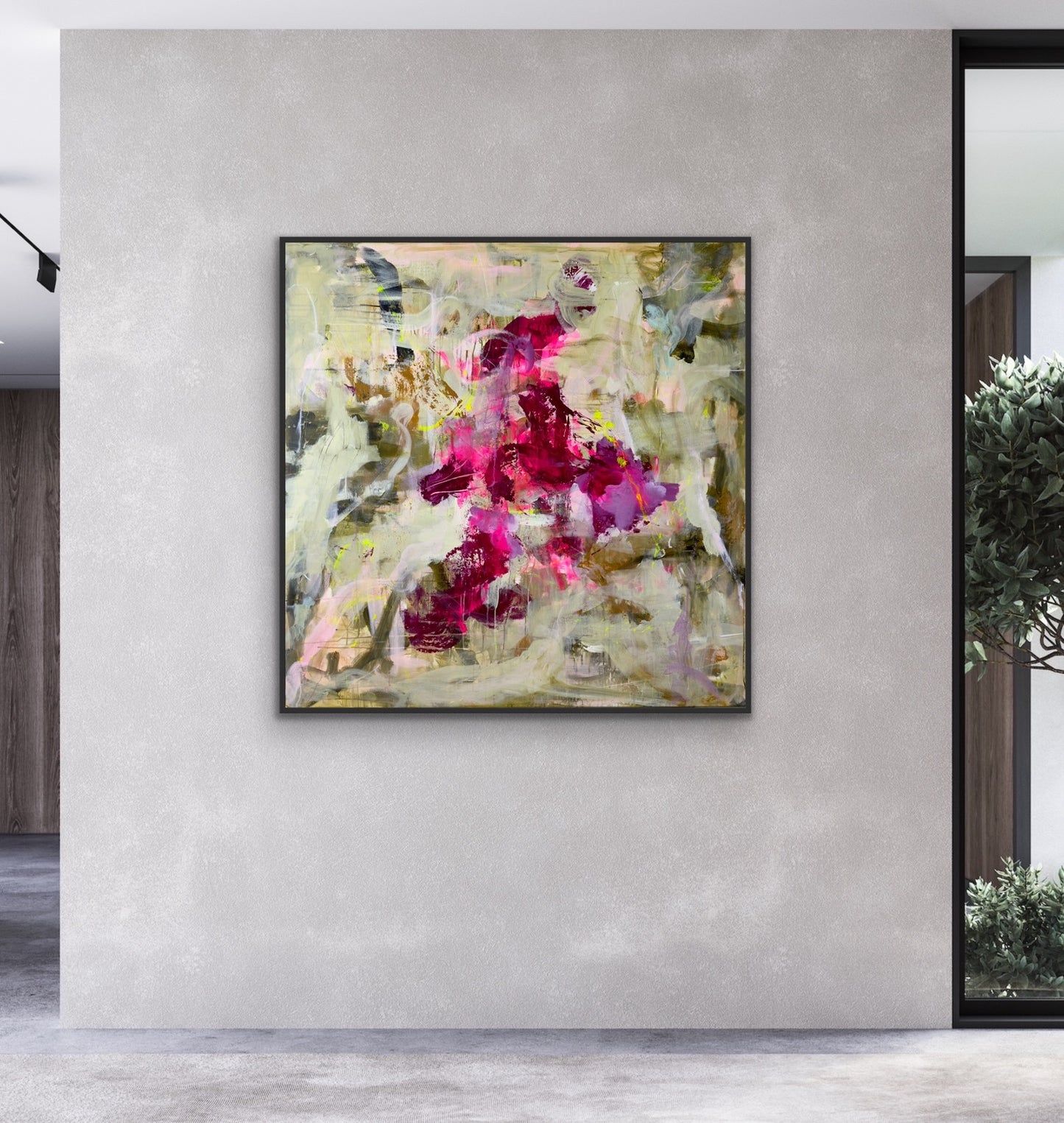 Abstrakt maleri, 120x120 cm, "MAGICAL" by Lone Reedtz , Abstrakt ekspressivt akrylmaleri på lærred Med sort svæveramme Black Green Grey Ochre Pink Purple White Yellow
