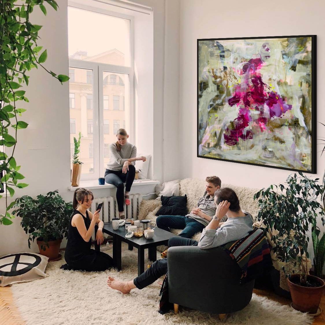 Abstrakt maleri, 120x120 cm, "MAGICAL" by Lone Reedtz , Abstrakt ekspressivt akrylmaleri på lærred Black Green Grey Ochre Pink Purple White Yellow