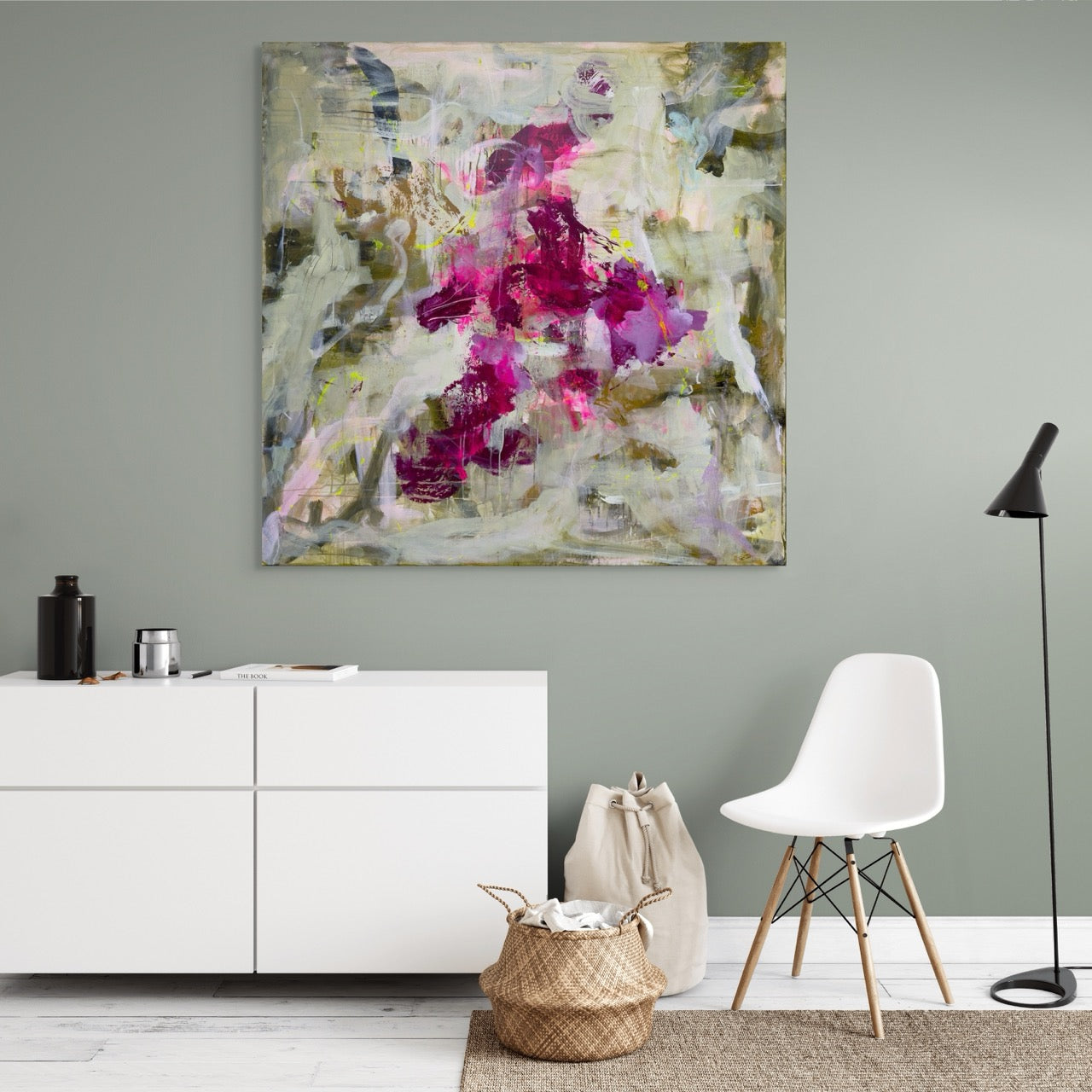 Abstrakt maleri, 120x120 cm, "MAGICAL" by Lone Reedtz , Abstrakt ekspressivt akrylmaleri på lærred Black Green Grey Ochre Pink Purple White Yellow