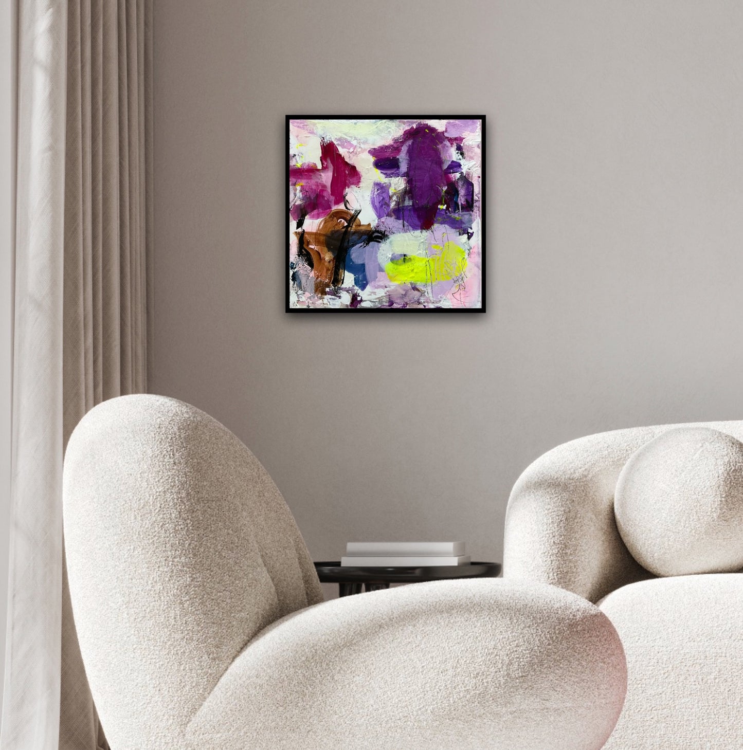 Abstrakt maleri, 40x40 cm, "MAKE A WISH” by Lone Reedtz , Abstrakt ekspressivt akrylmaleri på lærred Med sort svæveramme