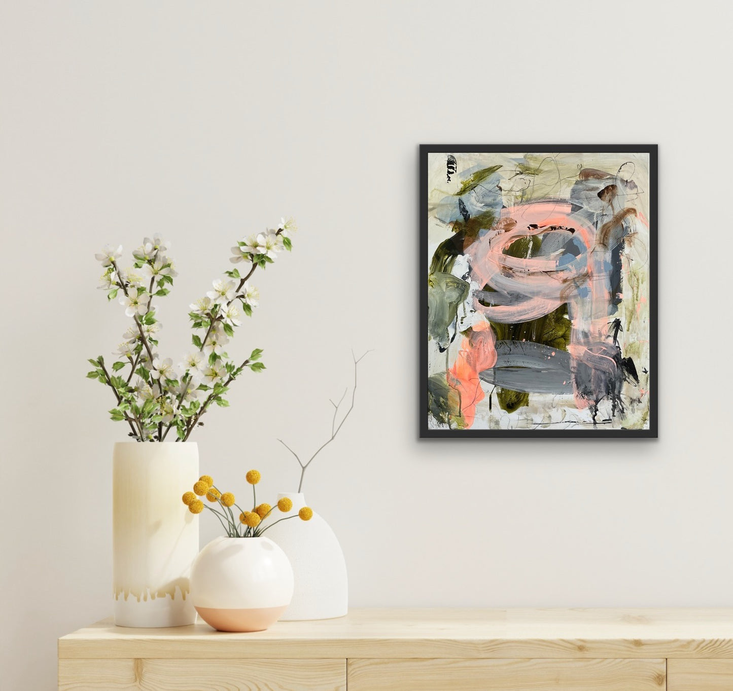 Abstrakt maleri, 50x40 cm, "NEXT LEVEL” by Lone Reedtz , Abstrakt ekspressivt akrylmaleri på lærred Med sort svæveramme