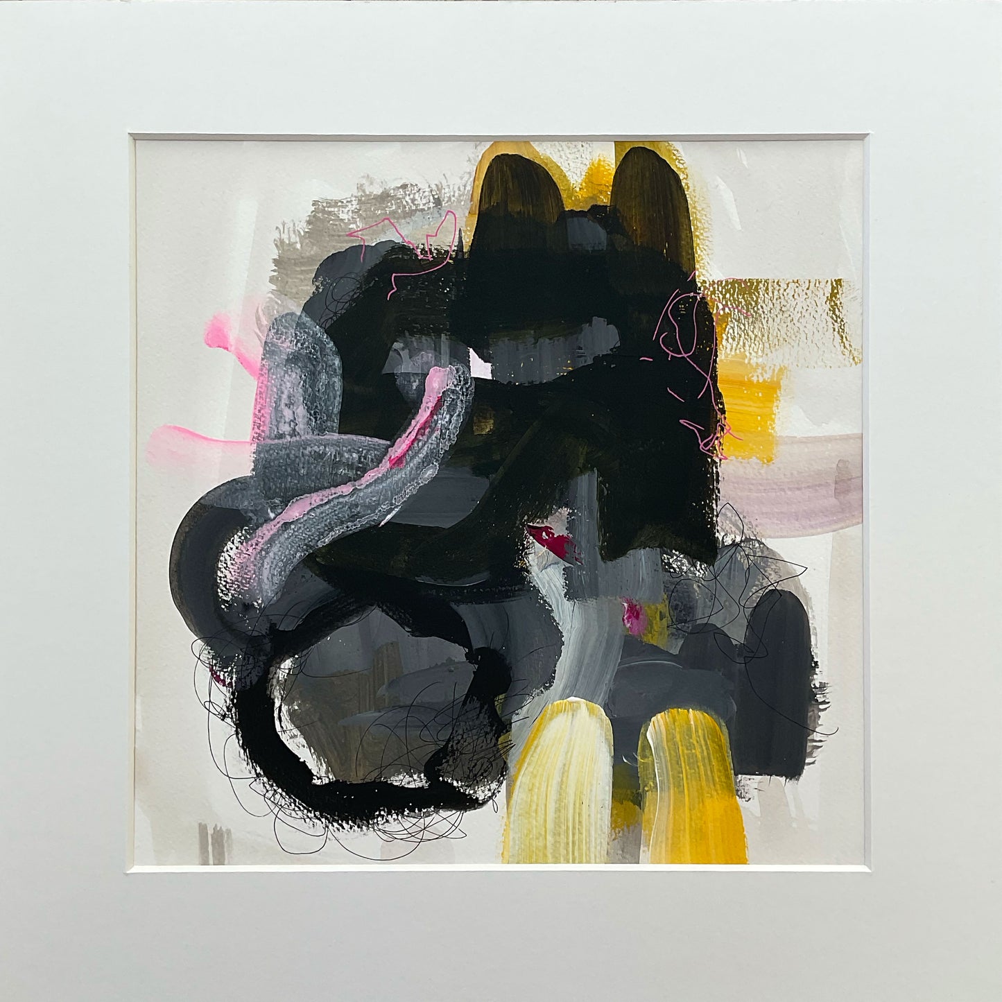 Paperwork nr. 46, 40x40 cm, med valgfri indramning by Lone Reedtz , Abstrakt ekspressivt akrylmaleri på papir i passepartout