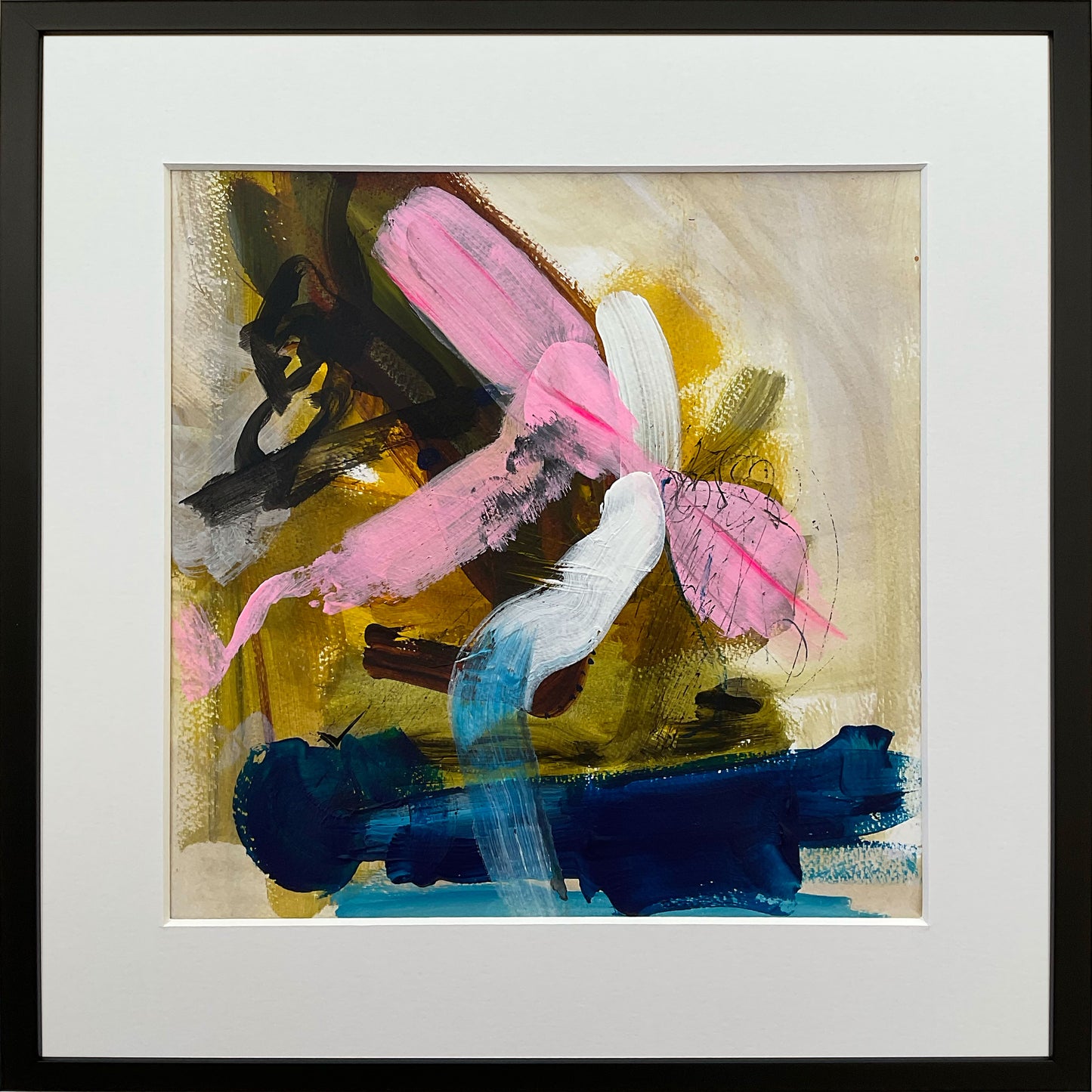 Paperwork nr. 47, 40x40 cm med valgfri indramning by Lone Reedtz , Abstrakt ekspressivt akrylmaleri på papir i passepartout Med sort træramme