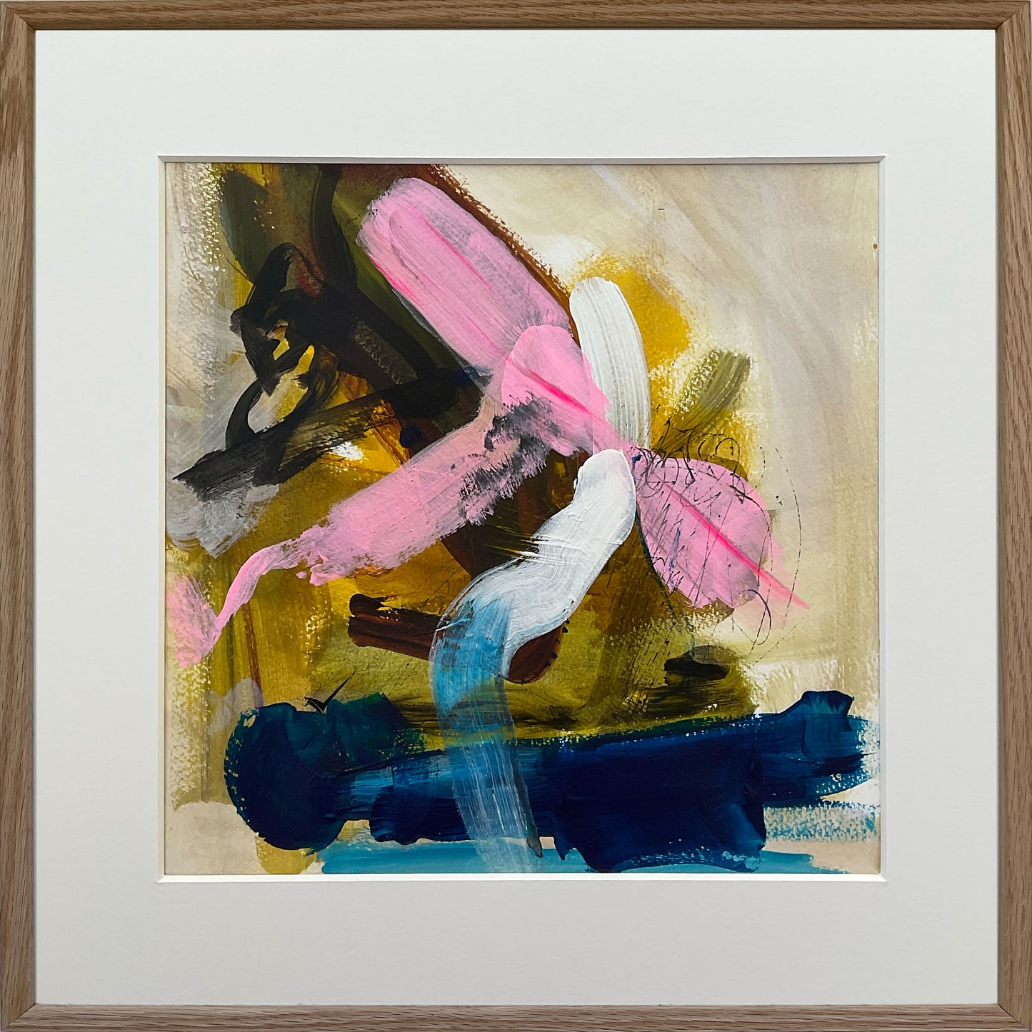 Paperwork nr. 47, 40x40 cm med valgfri indramning by Lone Reedtz , Abstrakt ekspressivt akrylmaleri på papir i passepartout Med massiv egetræsramme