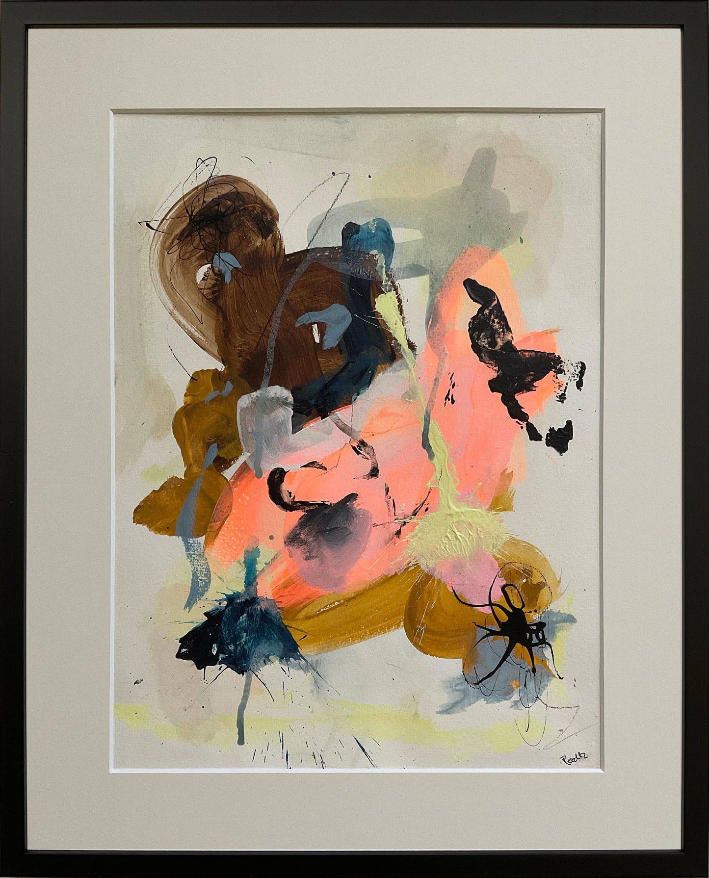 Paperwork nr. 6, 40x50 cm med valgfri indramning by Lone Reedtz , Abstrakt ekspressivt akrylmaleri på papir i passepartout Med sort træramme