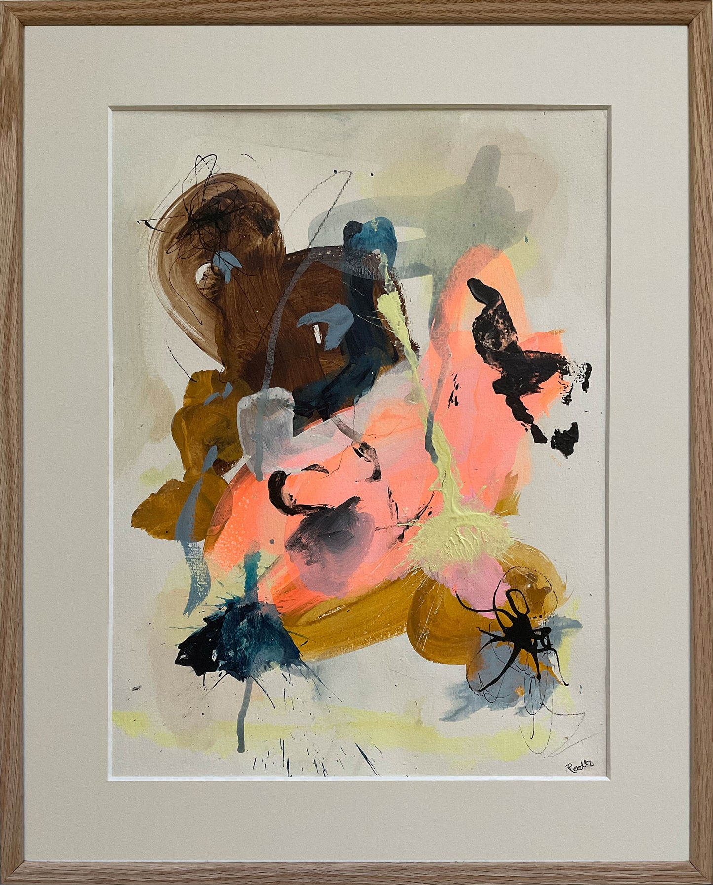 Paperwork nr. 6, 40x50 cm med valgfri indramning by Lone Reedtz , Abstrakt ekspressivt akrylmaleri på papir i passepartout Med massiv egetræsramme