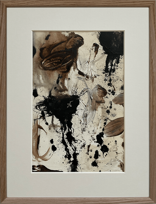 Paperwork nr. 30, 40x30 cm, med valgfri indramning by Lone Reedtz , Abstrakt ekspressivt akrylmaleri på papir i passepartout Lodret 2 Med massiv egetræsramme Black Brown