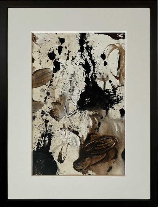 Paperwork nr. 30, 40x30 cm, med valgfri indramning by Lone Reedtz , Abstrakt ekspressivt akrylmaleri på papir i passepartout Lodret 1 Med sort træramme Black Brown