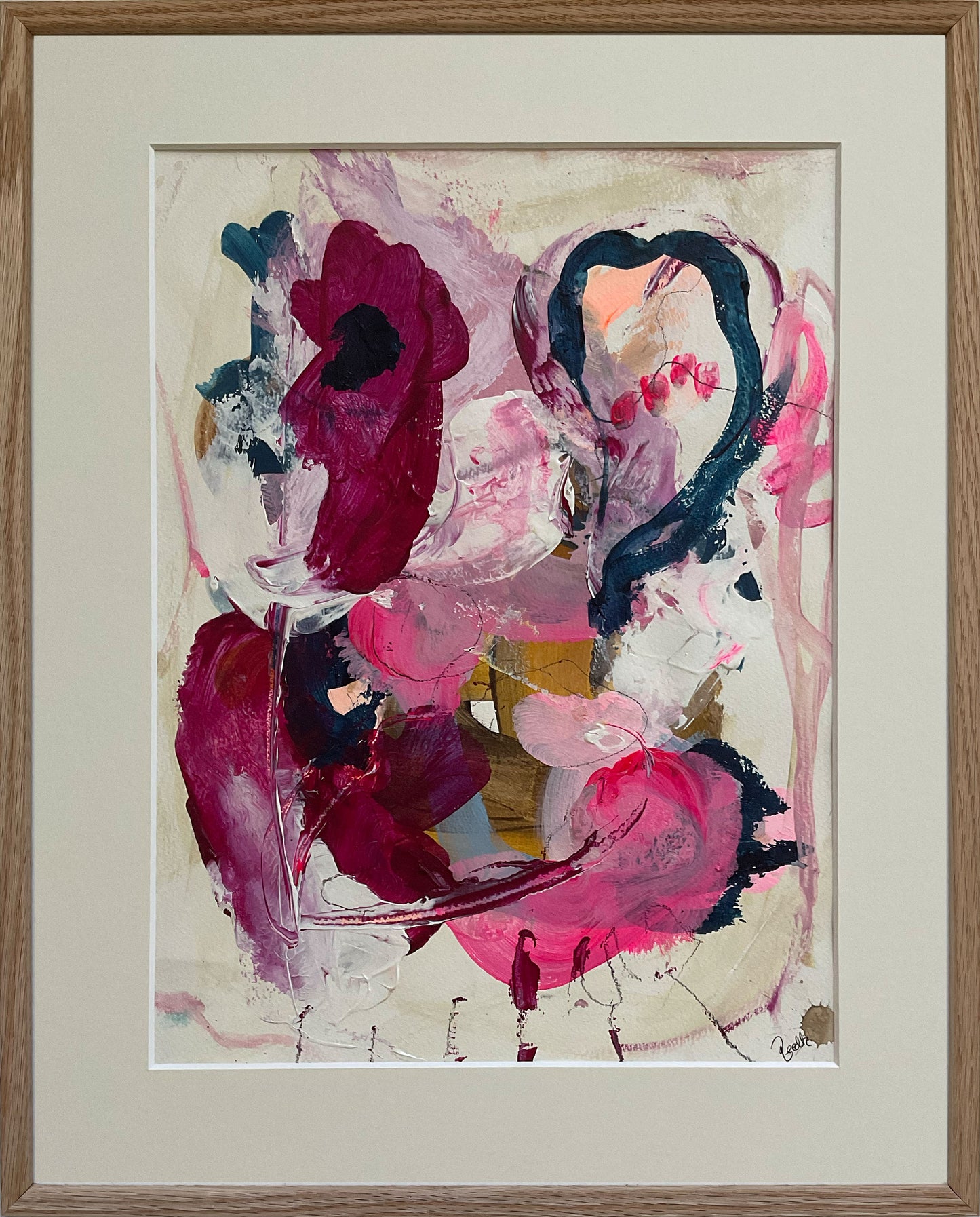Paperwork nr. 5, 50x40 cm, med valgfri indramning by Lone Reedtz , Abstrakt ekspressivt akrylmaleri på papir i passepartout Med massiv egetræsramme Childish